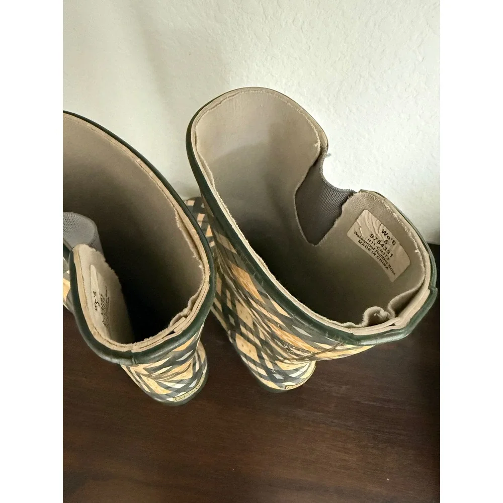 Sperry Top-Sider Womens Plaid Waterproof Rubber Rain Boots Yellow Green Size 6